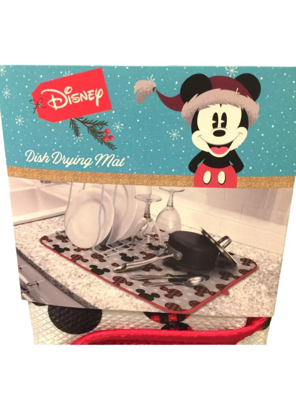 Disney Mickey Mouse Buffalo Plaid Gray Shiny Snowflake Background Dish Drying Ma